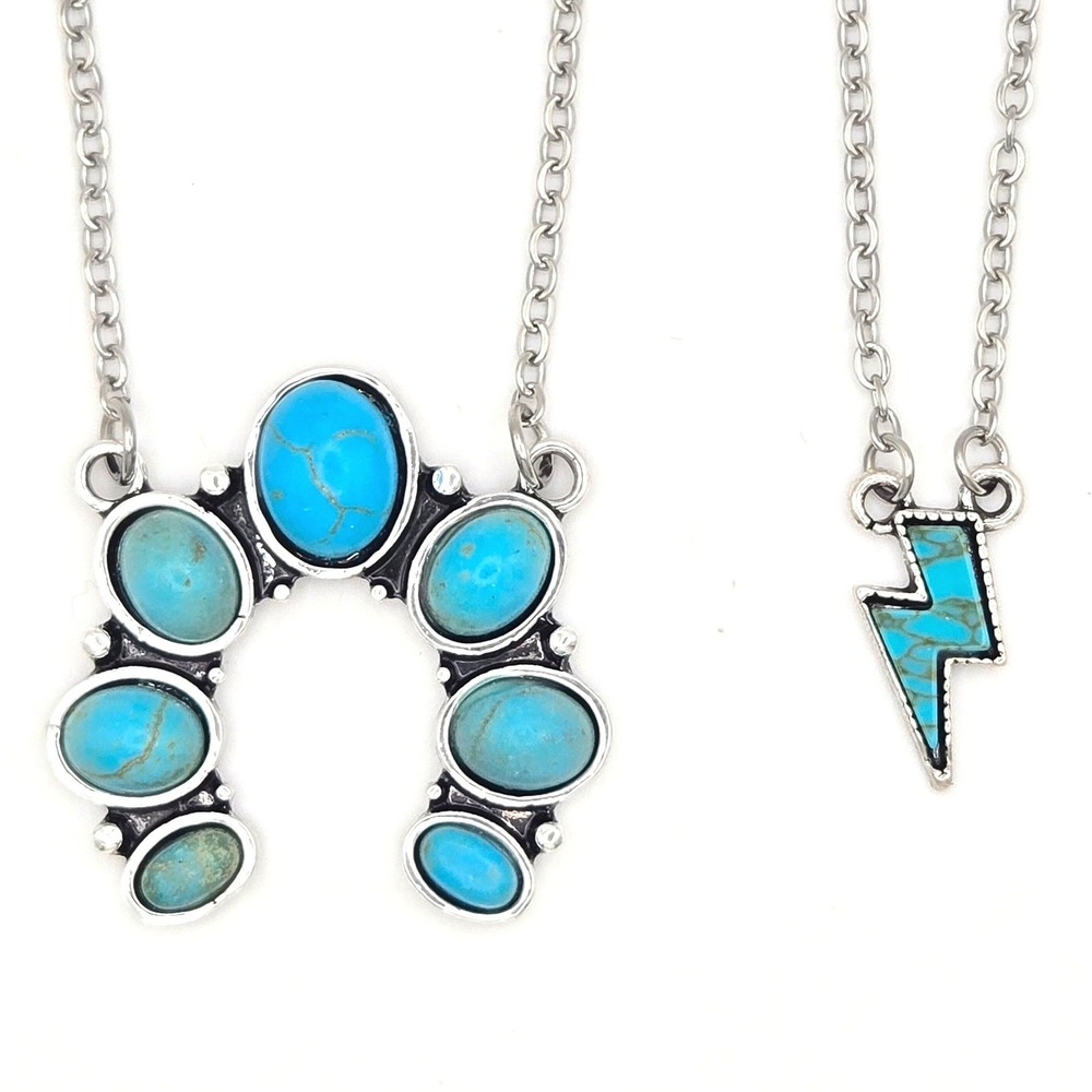 Turquoise Style Dyed Stone Horseshoe Lightning Bolt Necklace Set Southwest Boho